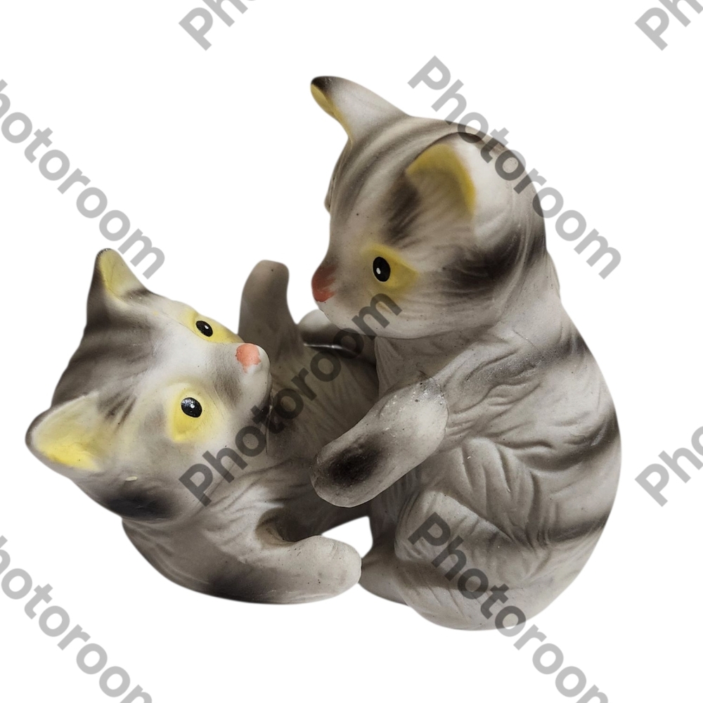 Vintage 1950s Gray and White Ceramic Playful Kittens Figurine